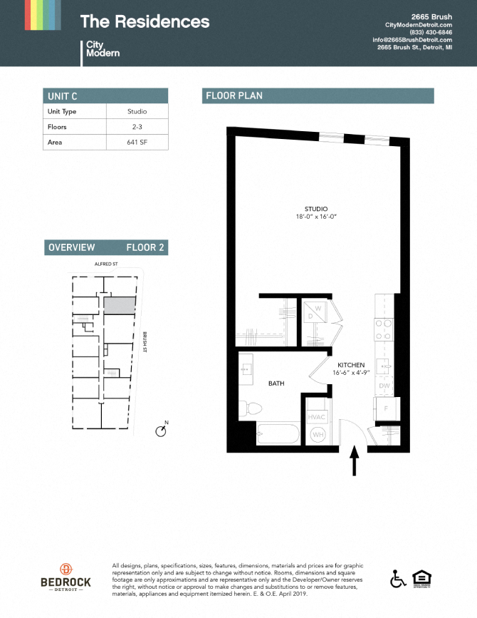 Floor plan for studio, 1 bath, 641 sqft